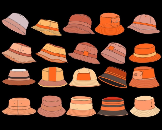 Paquete conjunto de vectores de bloque de color de sombrero de cubo conjunto de sombrero de cubo en un vector de esquema de plantilla de entrenadores de estilo a todo color Ilustración
