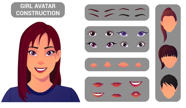 Paquete de construcción de rostro de mujer para la creación de avatar construcción de avatar femenino con estilos de cabeza y cabello, ojos, nariz, boca, cejas