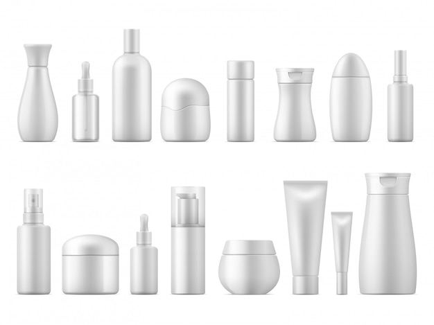 Paquete cosmético realista. Botella de producto blanco loción de plástico champú envase de aerosol plantilla de dispensador de paquete de tubo 3D en blanco