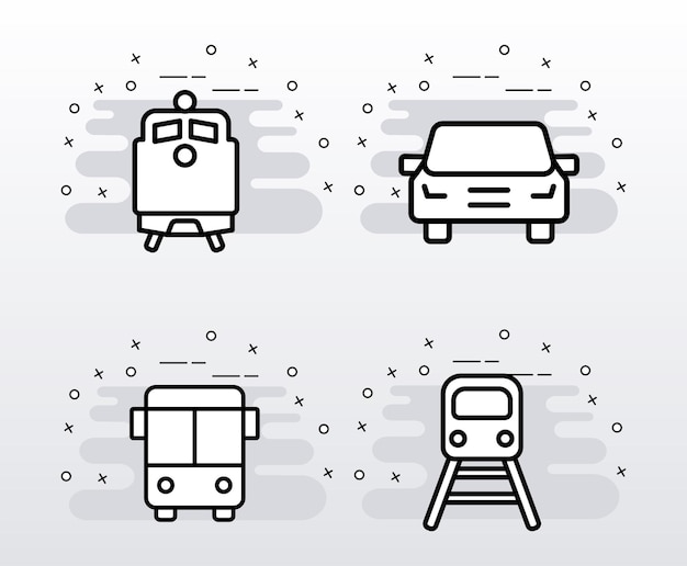 Paquete de cuatro iconos de conjunto de estilo de línea de transporte de transporte