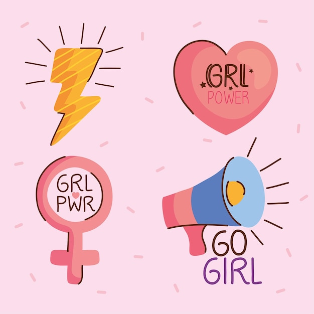 Vector paquete de cuatro letras e iconos de girl power ilustración