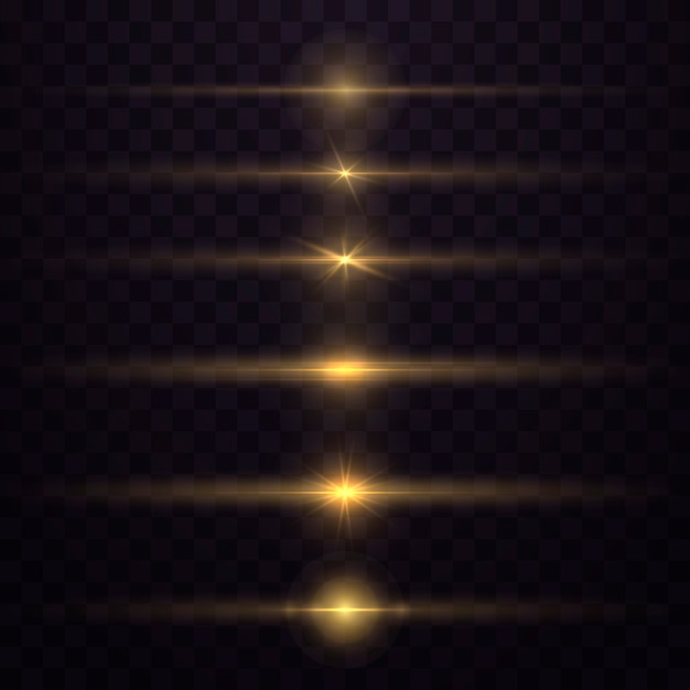 Paquete de destellos de lente horizontal amarillo. La luz brillante explota. Líneas brillantes y luminosas.