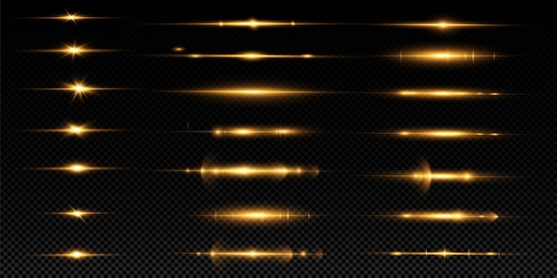 Paquete de destellos de lente horizontal amarillo. Rayos láser, rayos de luz horizontales. Conjunto de efectos de luz transparente resplandor, explosión, brillo, chispa, llamarada solar.