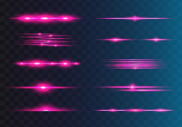 Paquete de destellos de lente horizontal rosa Conjunto abstracto de destellos de luz rayos láser reluciente forrado Vector