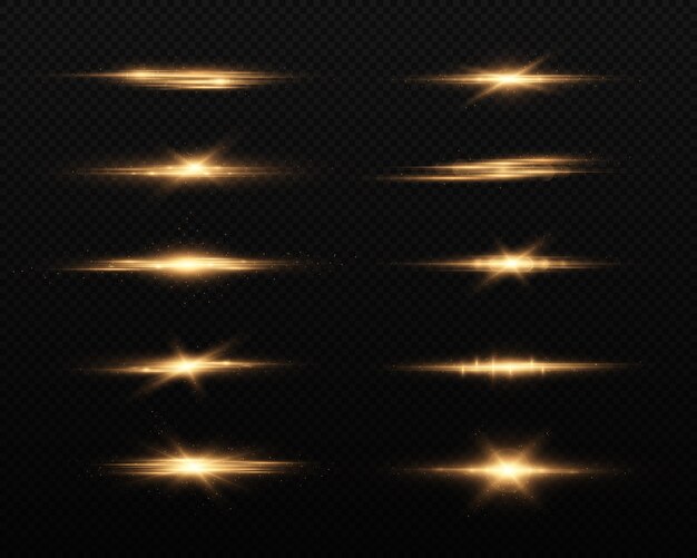 Paquete de destellos de lentes horizontales doradas rayos láser destello de luz Líneas brillantes abstractas luminosas