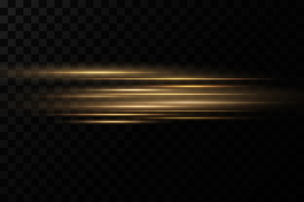 Paquete de destellos de lentes horizontales doradas rayos láser rayos de luz horizontales resplandor de luz vectorial transparente