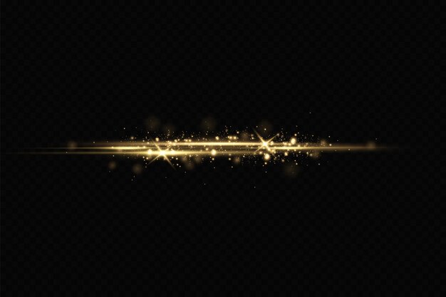 Paquete de destellos de lentes horizontales dorados Rayos láser Rayos de luz horizontales Resplandor de luz vectorial transparente
