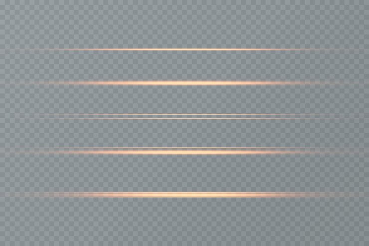 Vector paquete de destellos de lentes horizontales dorados. rayos láser, rayos de luz horizontales. resplandor de luz vectorial transparente