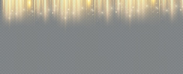 Paquete de destellos de lentes horizontales dorados. Rayos láser, rayos de luz horizontales. Resplandor de luz vectorial transparente