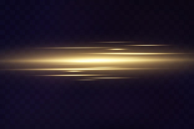 Paquete de destellos de lentes horizontales dorados. Rayos láser, rayos de luz horizontales. Resplandor de luz vectorial transparente
