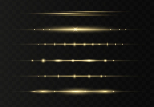 Paquete de destellos de lentes horizontales de oro Conjunto abstracto de destellos de luz rayos láser reluciente forrado Vector