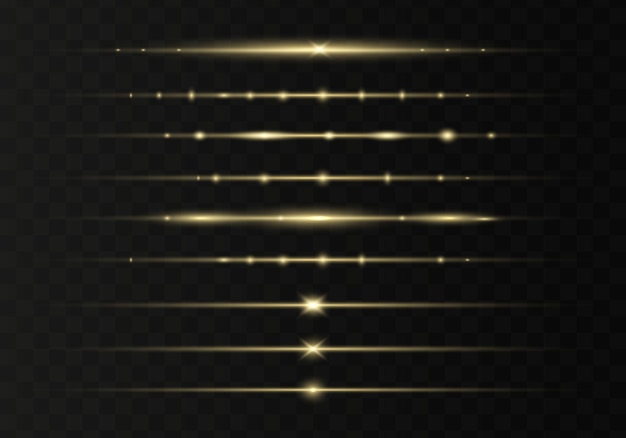 Paquete de destellos de lentes horizontales de oro Conjunto abstracto de destellos de luz rayos láser reluciente forrado Vector