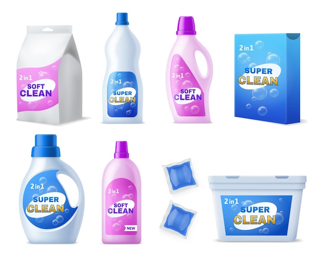 Paquete de detergente con etiquetas Envases de productos químicos domésticos o de lavandería realistas Polvos de lavado Geles Cápsulas y acondicionadores Productos de limpieza Plantilla de marca Vector Conjunto de maquetas 3d