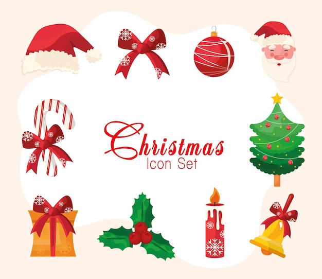 Paquete de diez iconos y letras de feliz navidad feliz