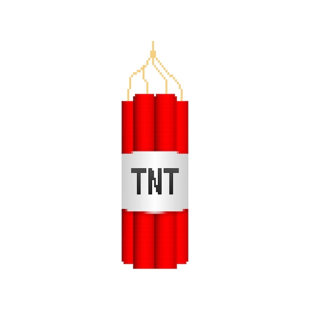 Paquete de dinamita roja con bomba de tiempo eléctrica tnt pixel icon vector illustration