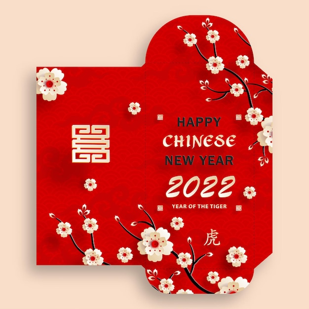Paquete de dinero del sobre rojo de la suerte del año nuevo chino 2022 con arte cortado en papel dorado y estilo artesanal sobre fondo de color rojo (Traducción: feliz año nuevo chino 2022, año del tigre)