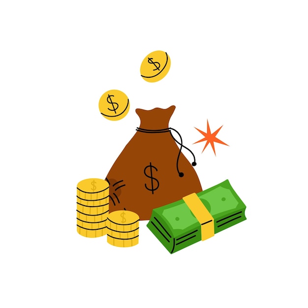 Paquete con dinero Verde diferentes billetes de dólar y monedas de oro Presupuesto familiar ingresos e ingresos Finanzas seguras depósito bancario de inversión Finanzas y negocios pegatina vector concepto de dibujos animados