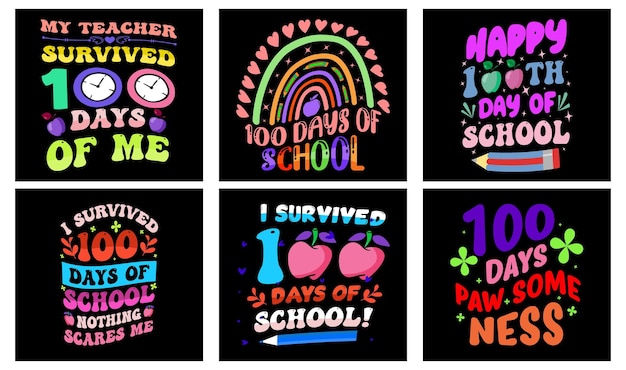 Paquete de diseño de camiseta de 100 días de clases. Vector de 100 días de escuela. Diseño de camisetas tipográficas.
