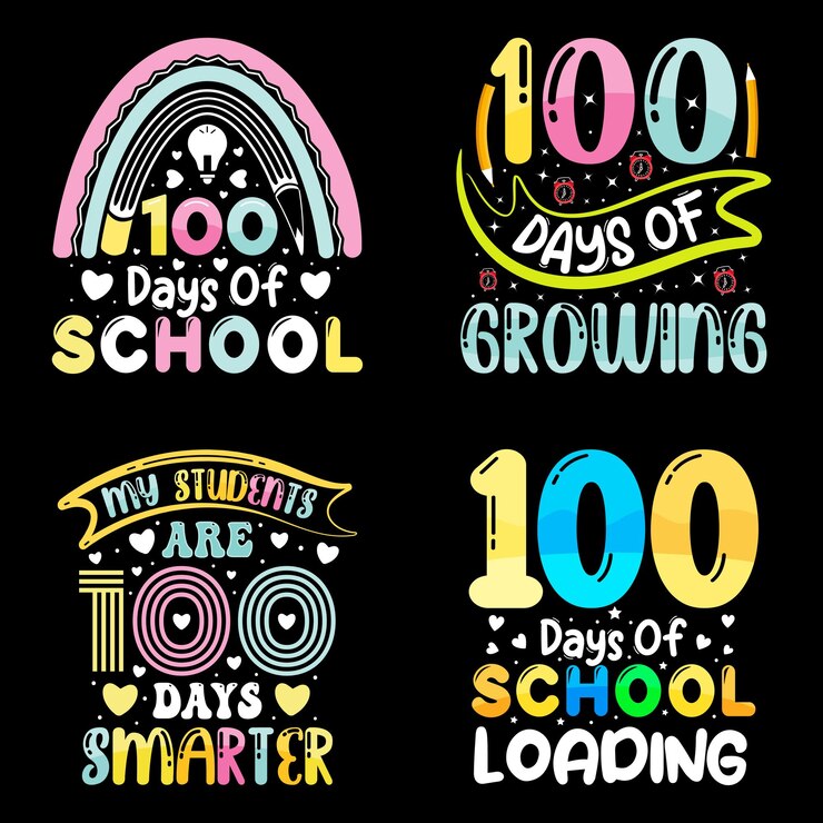 Vector paquete de diseño de camiseta de 100 días de escuela, camiseta de celebración de 100 días