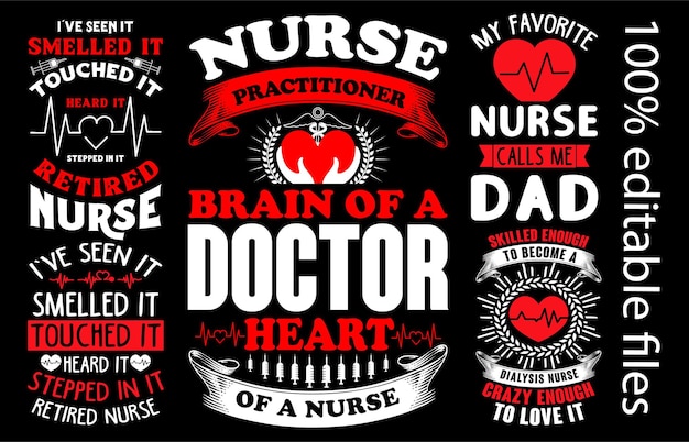 Paquete de diseño de camiseta de tipografía de enfermería