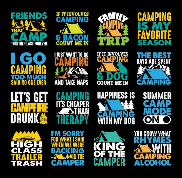 Vector paquete de diseño de camisetas de camping citas de camisetas de camping sobre camping senderismo viajar aventura