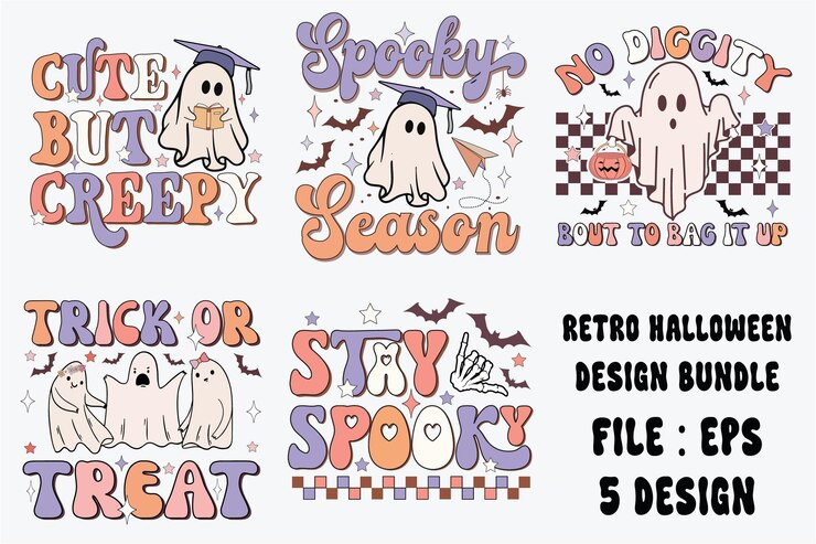 Un paquete de diseño retro de Halloween con fantasmas espeluznantes y vibraciones vintage