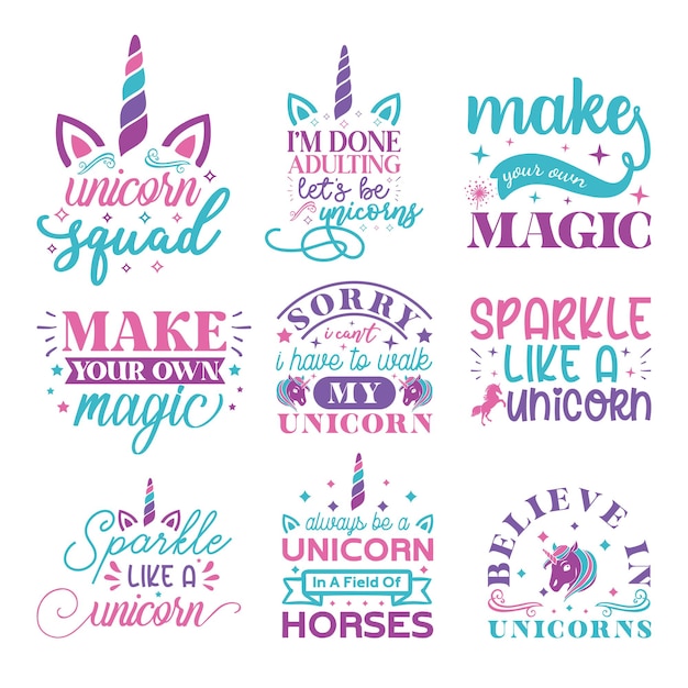 Vector paquete de diseños vectoriales de camiseta con cita de unicornio