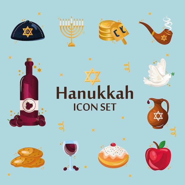 Paquete de doce iconos de conjunto de hanukkah y letras.