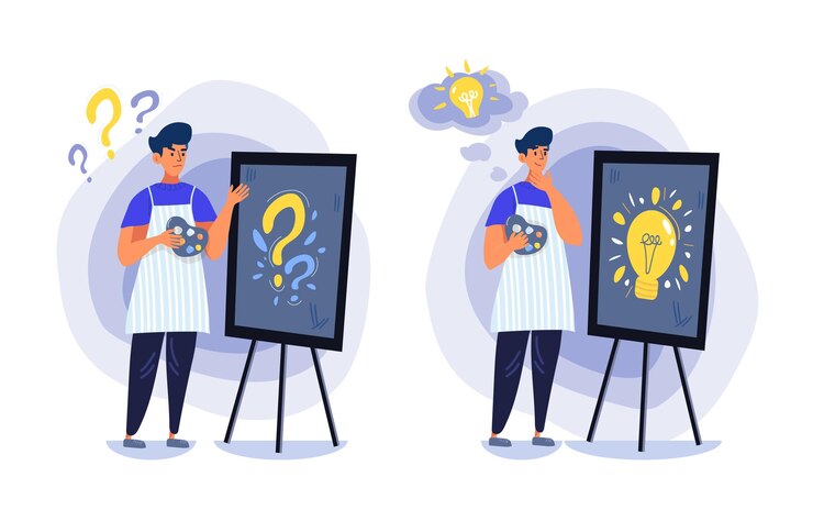 Vector paquete de dos imágenes de un joven diseñador, autónomo o pintor que intenta captar su idea. en el primero, está molesto y no tiene nada, en el segundo está lleno de éxitos, inspirado y motivado.