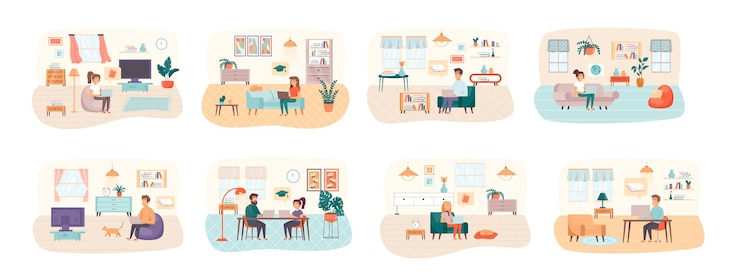 Vector paquete educativo en línea de escenas con situaciones de personajes de personas.