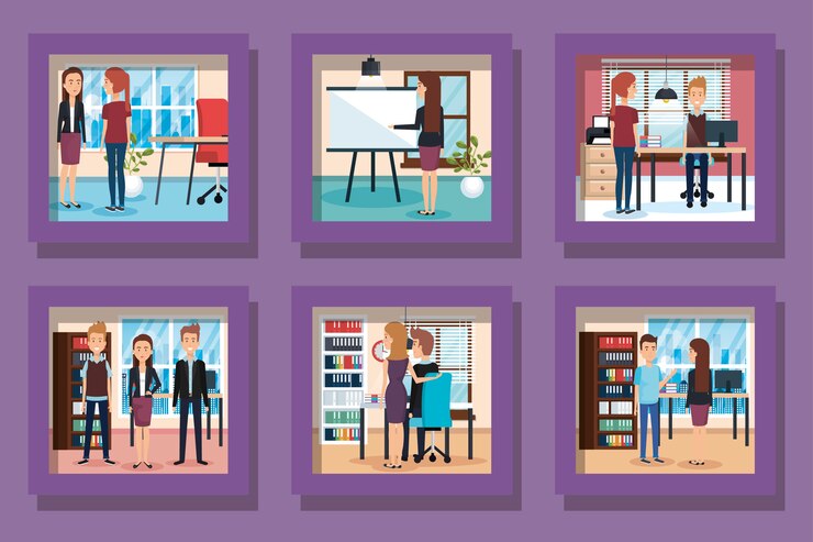 Vector paquete de elegantes empresarios y lugares de trabajo