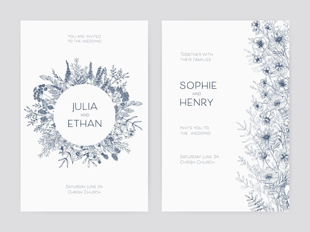 Paquete de elegantes plantillas de invitación de fiesta de boda decoradas con hermosas flores y guirnalda redonda dibujada a mano con contornos azules sobre fondo blanco. Ilustración de vector botánico monocromo
