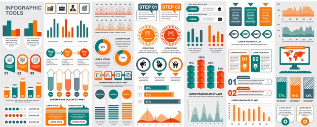 Paquete de elementos de ui, ux, kit de infografía con gráficos, diagramas, flujo de trabajo, diagrama de flujo, línea de tiempo, estadísticas en línea, plantilla de elementos de iconos de marketing. conjunto de infografías.