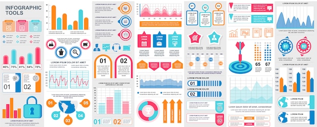 Paquete de elementos de ui, ux, kit de infografía con gráficos, diagramas, flujo de trabajo, diagrama de flujo, línea de tiempo, estadísticas en línea, plantilla de elementos de iconos de marketing. conjunto de infografías.