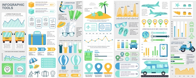 Paquete de elementos de UI, UX, KIT de infografía de viaje con gráficos, diagramas, vacaciones de verano, diagrama de flujo, línea de tiempo de viaje, plantilla de elementos de iconos de viaje. Conjunto de infografías.
