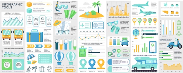 Paquete de elementos de ui, ux, kit de infografía de viaje con gráficos, diagramas, vacaciones de verano, diagrama de flujo, línea de tiempo de viaje, plantilla de elementos de iconos de viaje. conjunto de infografías.