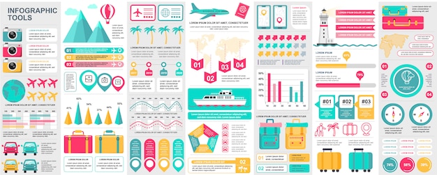 Vector paquete de elementos de ui, ux, kit de infografía de viaje con gráficos, diagramas, vacaciones de verano, diagrama de flujo, línea de tiempo de viaje, plantilla de elementos de iconos de viaje. conjunto de infografías.