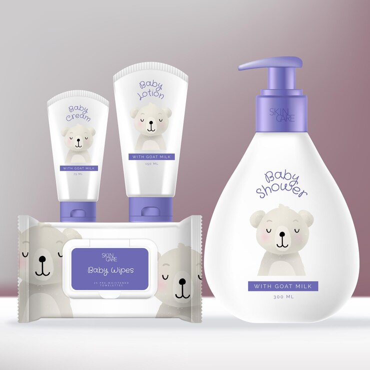 Paquete de empaque de artículos de tocador para bebés o cuidado de la piel con champú o biberón con bomba de lavado para bebés, tubo de crema facial y de manos y paquete de bolsita de papel de aluminio para toallitas húmedas para bebés