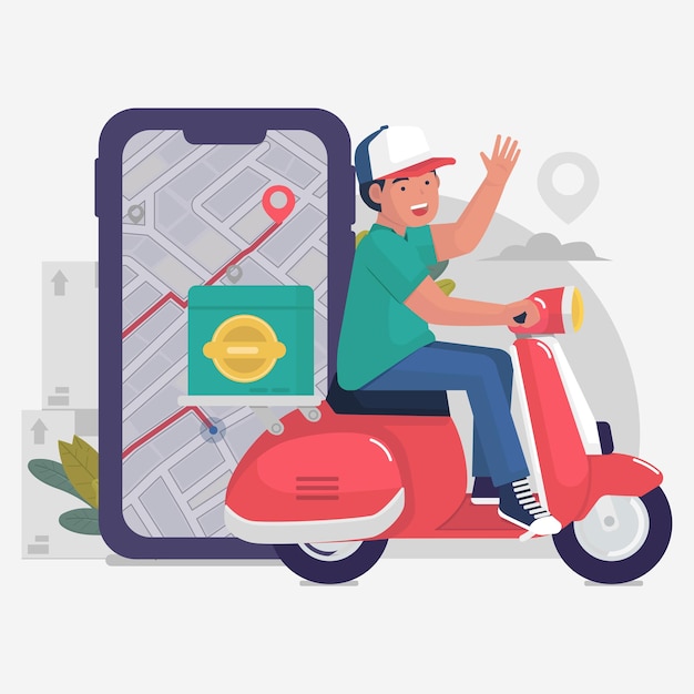 Paquete de entrega gratuito en scooter en el teléfono móvil