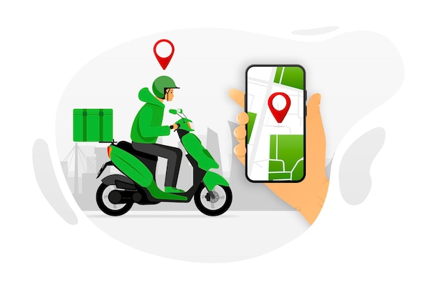 Paquete de entrega rápida por scooter en el teléfono móvil Paquete de pedido en línea por aplicación Mensajero de seguimiento por aplicación de mapa Ilustración vectorial