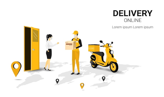 Paquete de entrega por scooter en el mensajero móvil El hombre que sostiene Parcel Box con la mujer recibió un concepto de paquete de diseño de página web para el banner del sitio web y el sitio web móvil Perspectiva Vector ilustración