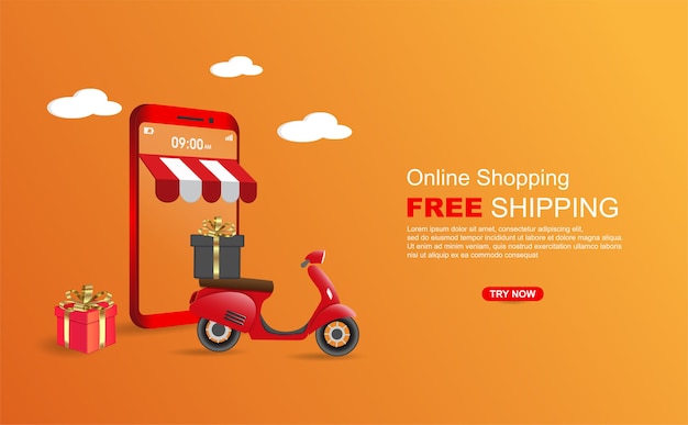 Paquete de envío gratuito de compras en línea por scooter en la plantilla de banner de teléfono móvil.