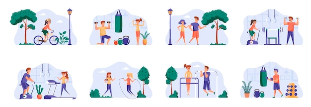 Vector paquete de escenas de fitness con personajes de personas.