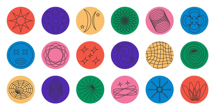 Paquete de etiquetas circulares Forma en estilo de dibujos animados retro de los años 90 Ilustración vectorial con elemento geométrico ondulado