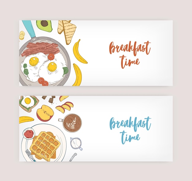 Vector paquete de fondo horizontal con deliciosas comidas saludables para el desayuno y comida de la mañana: huevos fritos, tostadas, obleas, frutas