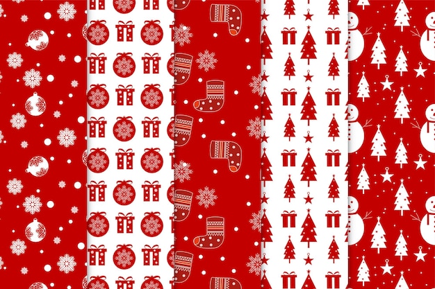 Paquete de fondo de patrón de Navidad con fondos rojos y blancos Colección de patrones sin fisuras de Navidad con bolas de decoración y calcetines Diseño de conjunto de patrones abstractos para envolver papel y sábanas