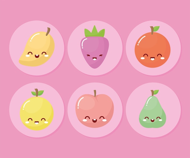 Vector paquete de frutas kawaii con una sonrisa en diseño de ilustración rosa