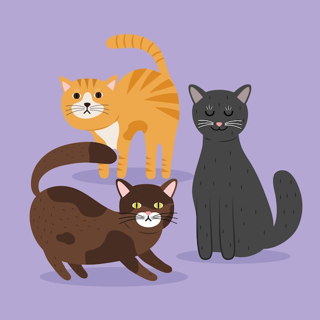 Vector paquete de gatos personajes de mascotas de diferentes colores