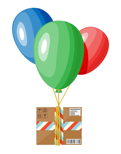 Paquete de globos aerostáticos y caja de cartón. Servicios de entrega sin contacto y comercio electrónico. Tienda online de internet y entrega sin contacto. Ilustración vectorial plana