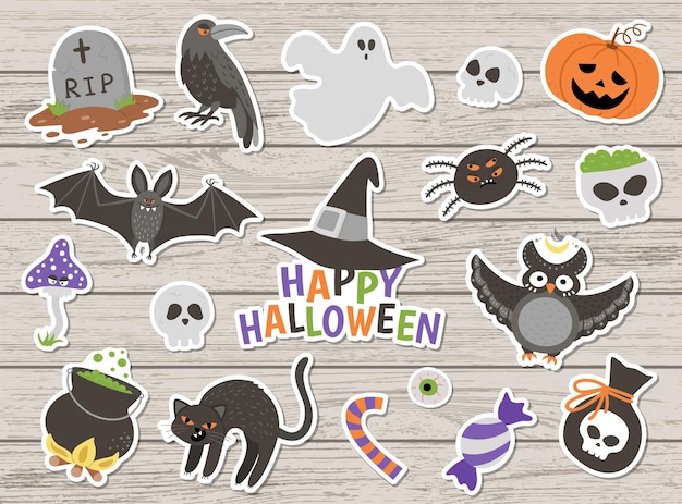 Paquete grande de pegatinas de halloween de vector sobre fondo de madera. clipart tradicional del partido de samhain. colección de miedo con jack-o-lantern, araña, fantasma, calavera, murciélagos. conjunto de iconos de estilo plano de vacaciones de otoño